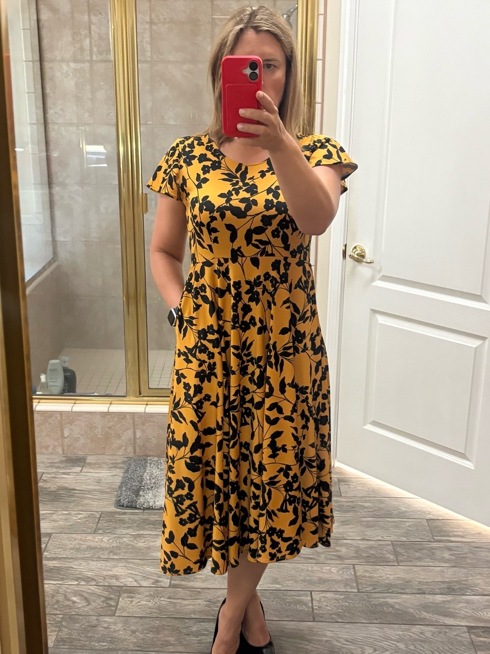 Karina Yellow Midi Dress with Black Floral Print W/Pockets